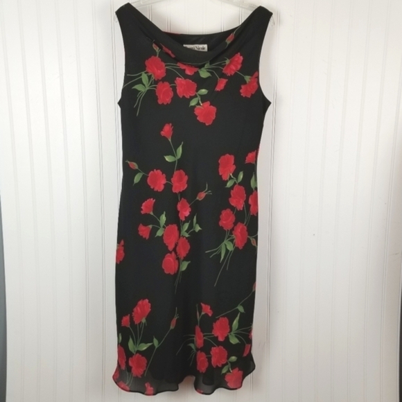 Womens Midi Dress Size 14 Black Red Floral Cowlneck Whimsigoth Fairy Grunge Y2K - Picture 4 of 11